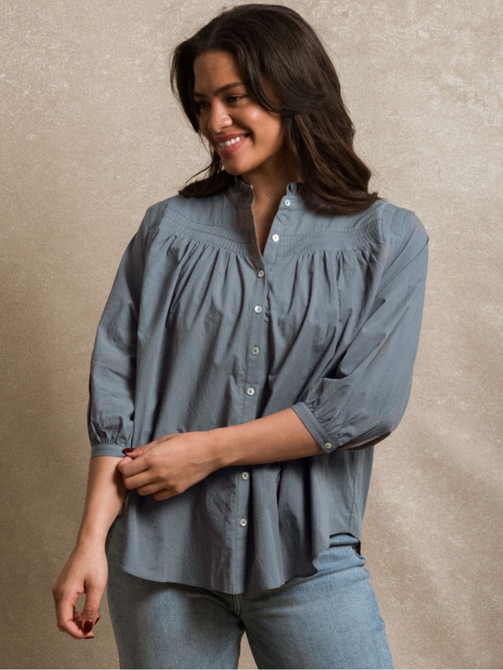 Neuflora Blakely Top - Dusty Blue - Small Button-Down Peasant Blouse 100% Cotton